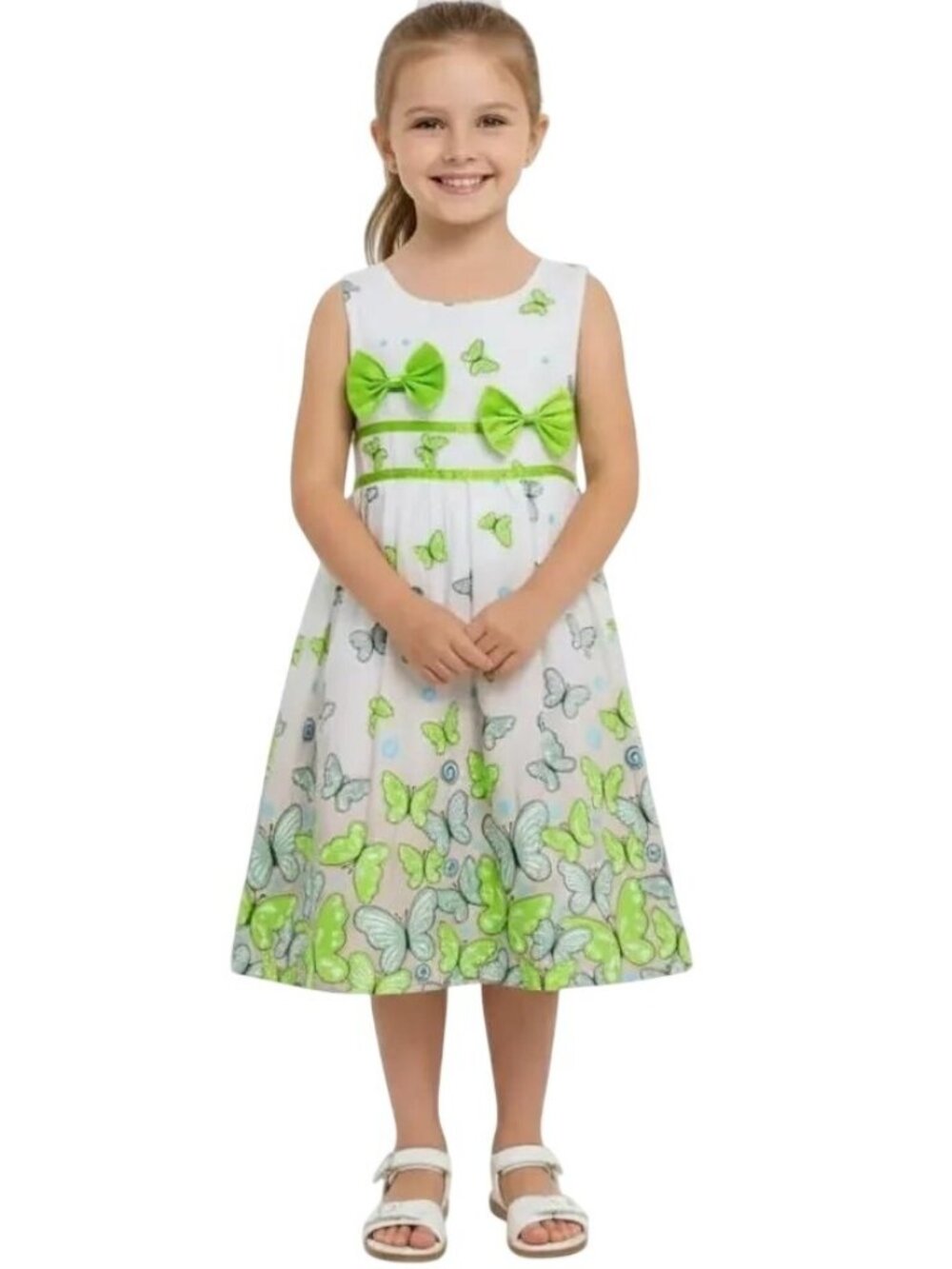 Sunny Fashion Girls Butterfly Green Double Bow Tie Summer Beach Sundress Sz 7/8